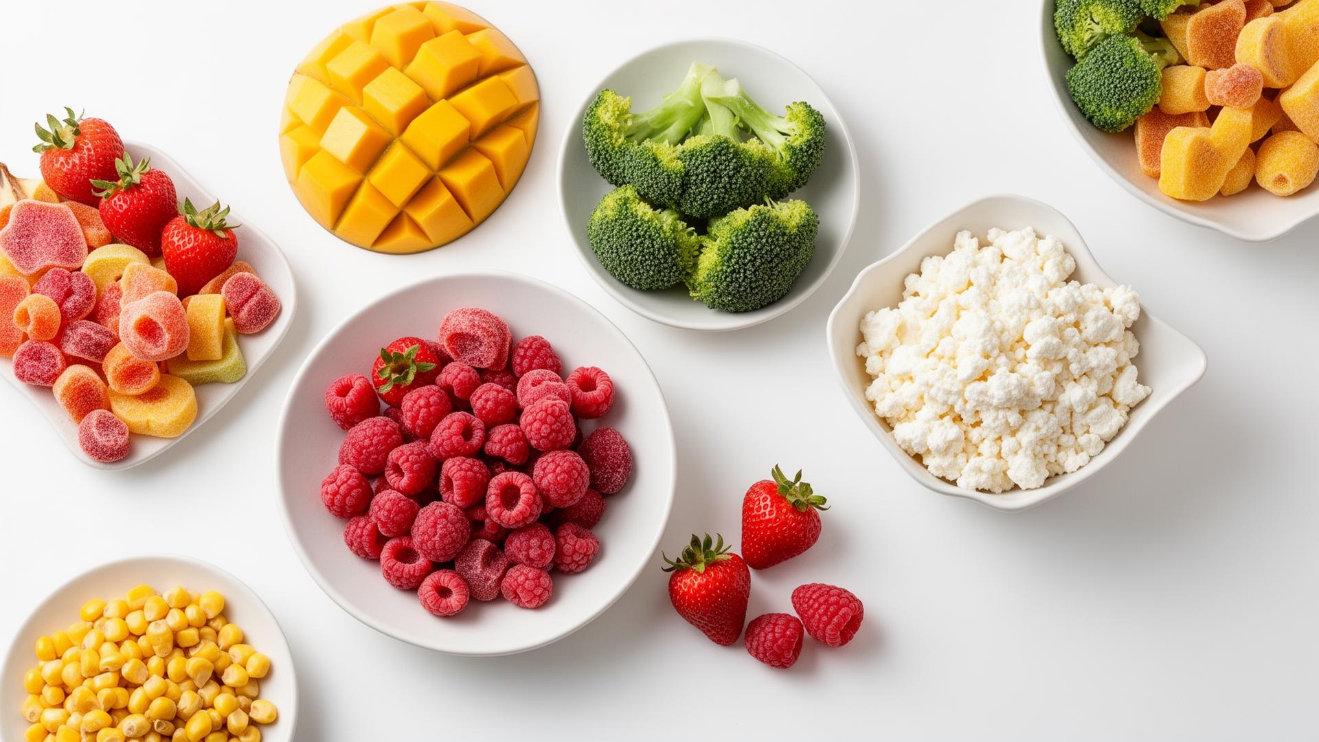 Arrangement of freeze-dried fruits, vegetables and protein snacks